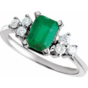 14K White Gold Natural Emerald & 1/6 CTW Natural Diamond Ring