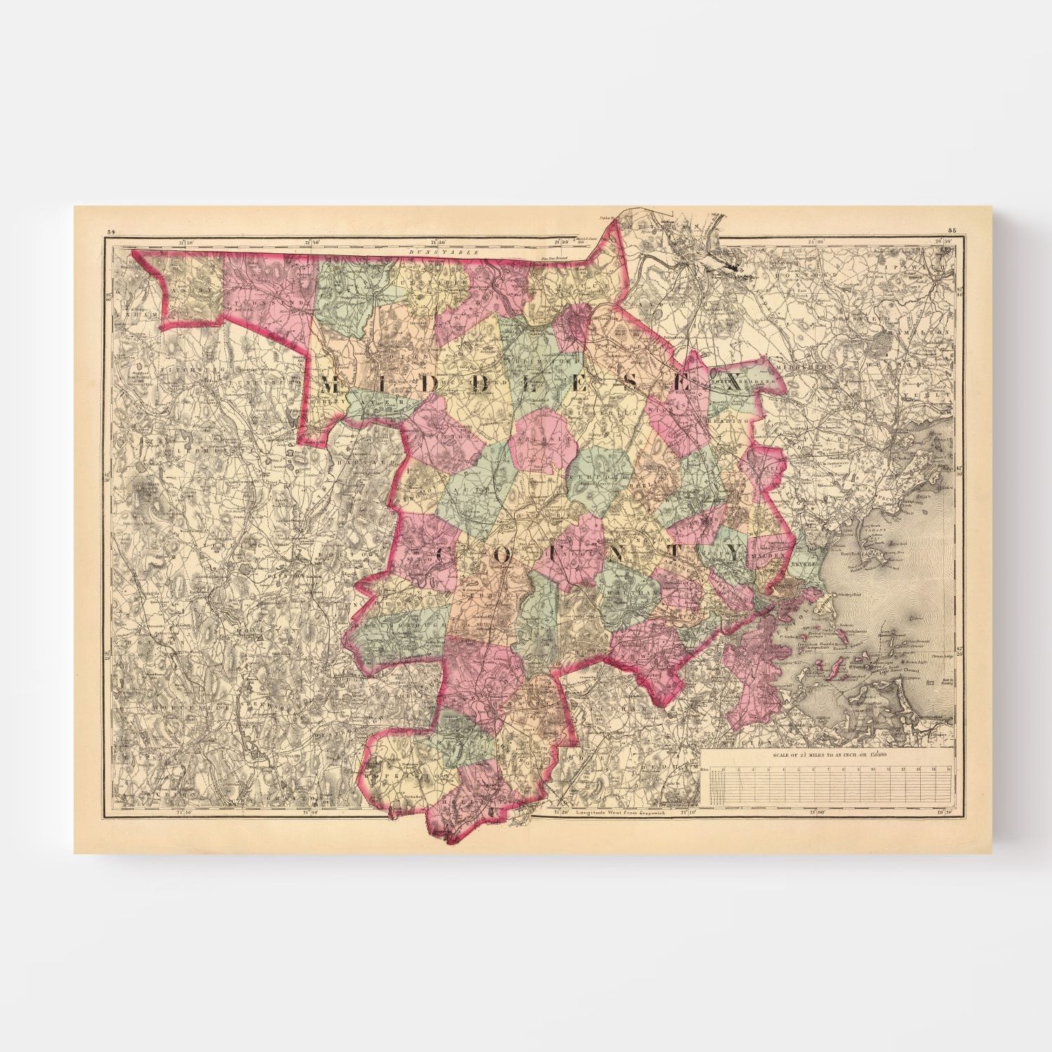Vintage Map of Middlesex County, Massachusetts 1871