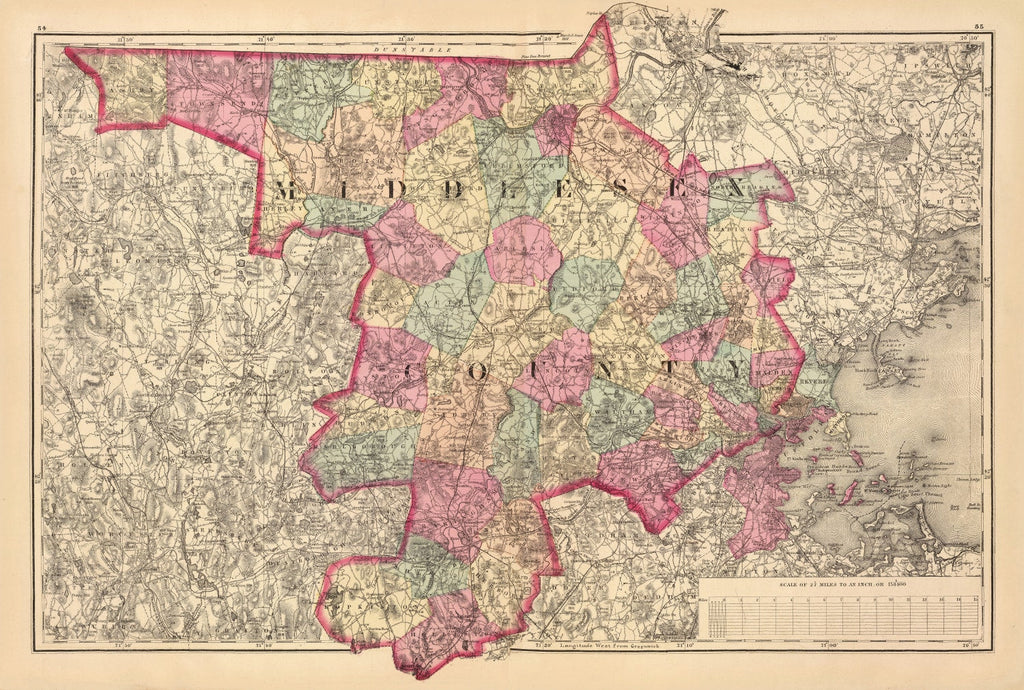 Vintage Map of Middlesex County, Massachusetts 1871