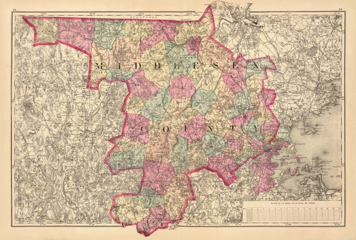 Vintage Map of Middlesex County, Massachusetts 1871