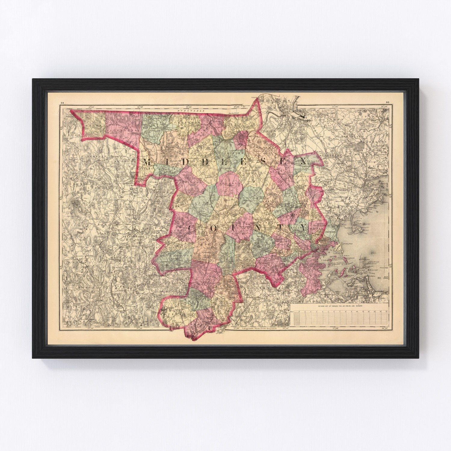 Vintage Map of Middlesex County, Massachusetts 1871