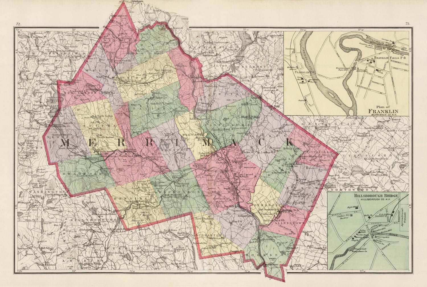 Vintage Map of Merrimack County, New Hampshire 1877