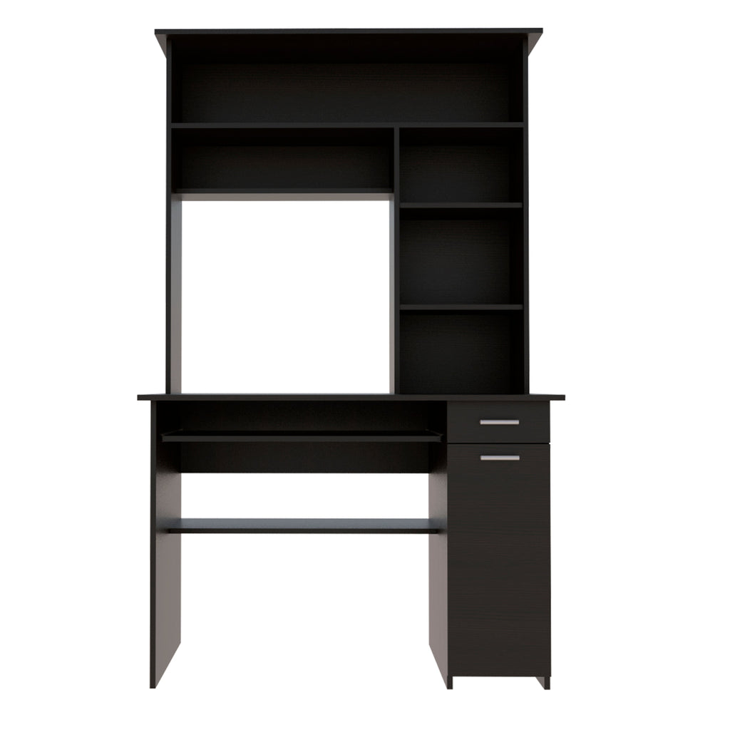 Compu 180 Hutch Desk, Multiple Shelves, Keyboard Tray, CPU anel, One Drawer -Black