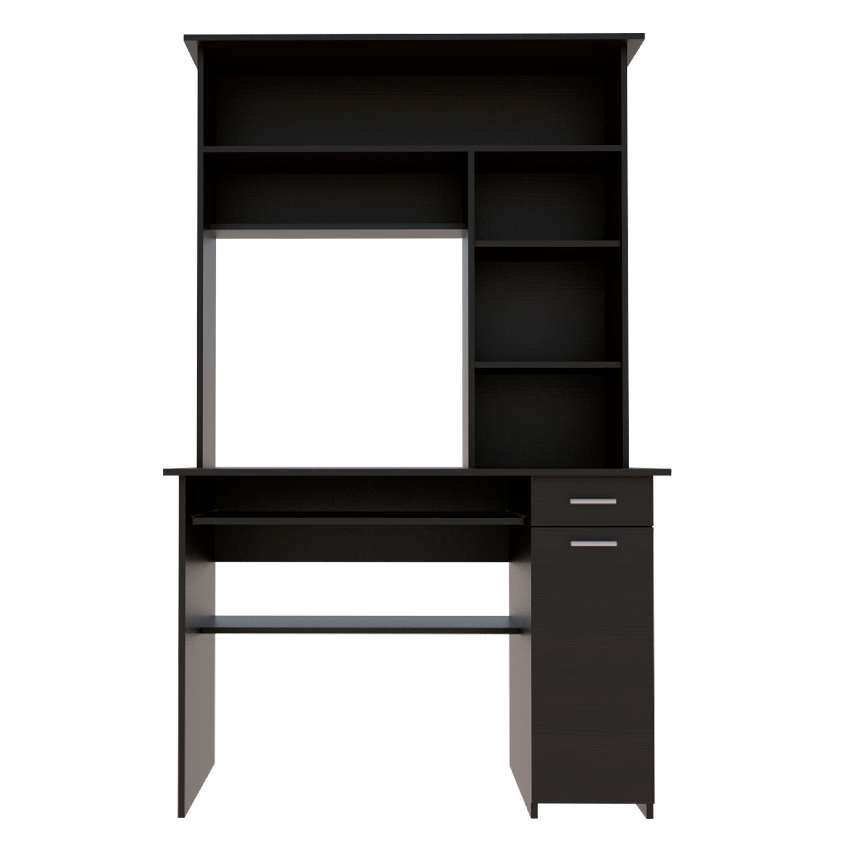 Compu 180 Hutch Desk, Multiple Shelves, Keyboard Tray, CPU anel, One Drawer -Black
