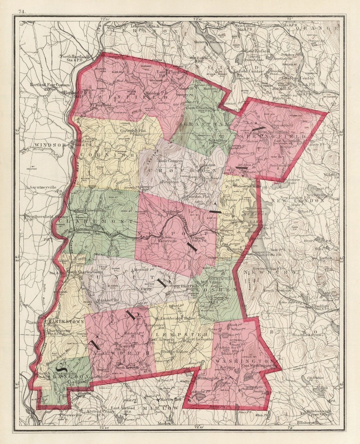 Vintage Map of Sullivan County, New Hampshire 1877