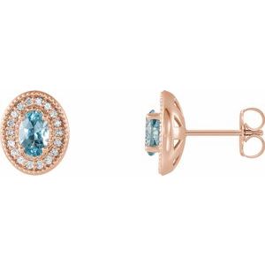 14K Rose Gold 6x4 mm Natural Aquamarine & 1/5 CTW Natural Diamond Halo-Style Earrings