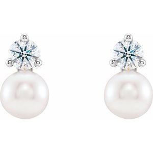 14K White Gold Cultured White Freshwater Pearl & 1/2 CTW Natural Diamond Earrings
