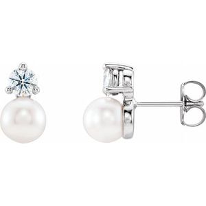 14K White Gold Cultured White Freshwater Pearl & 1/2 CTW Natural Diamond Earrings
