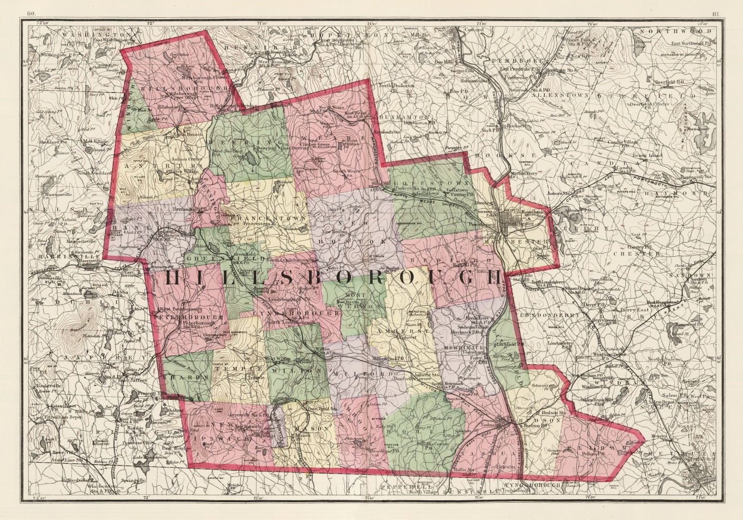 Vintage Map of Hillsborough County, New Hampshire 1877