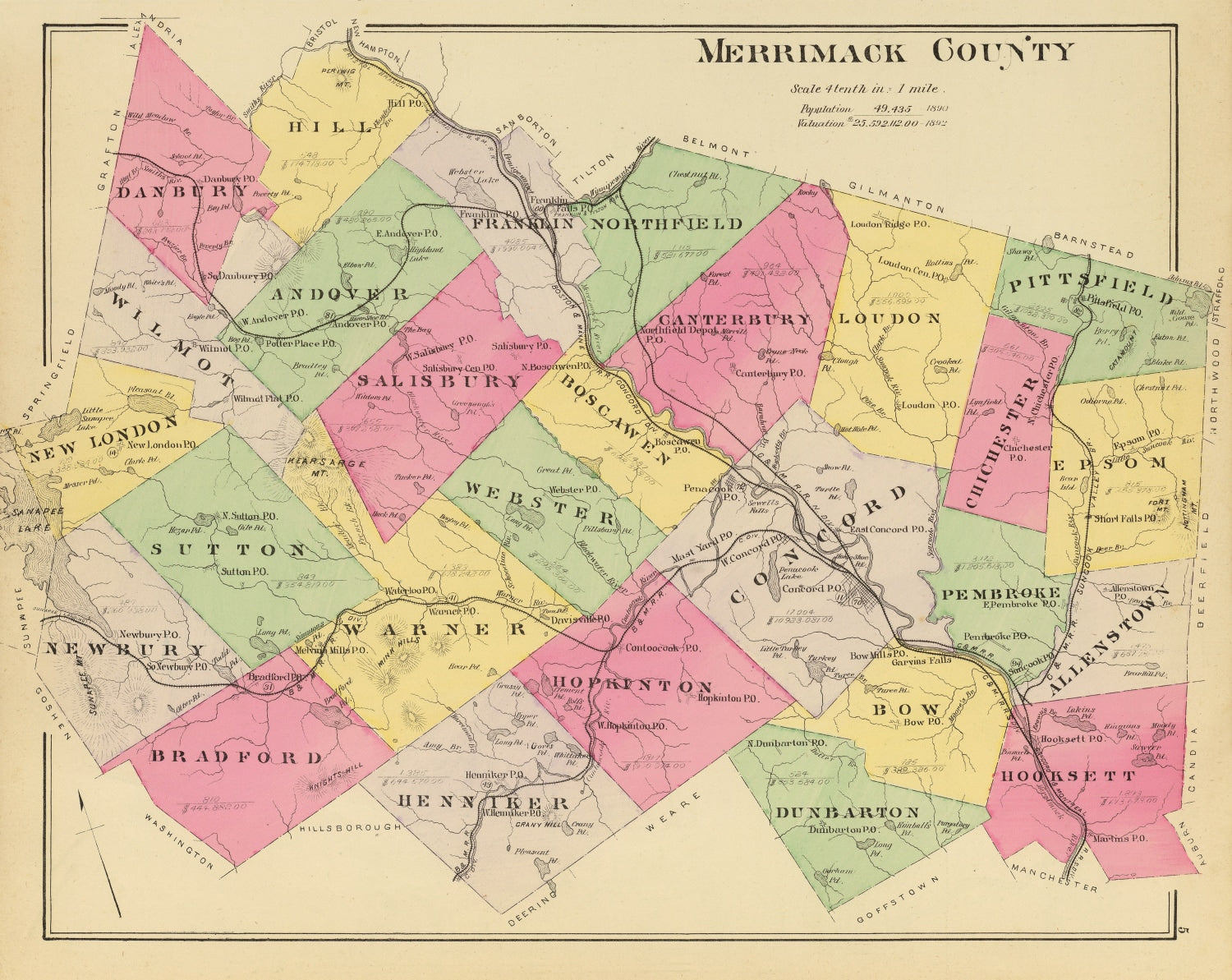 Vintage Map of Merrimack County, New Hampshire 1892