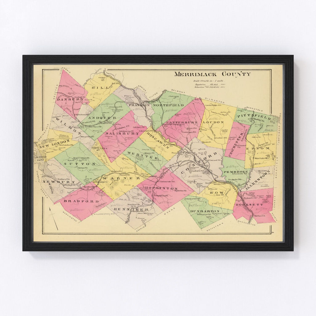 Vintage Map of Merrimack County, New Hampshire 1892