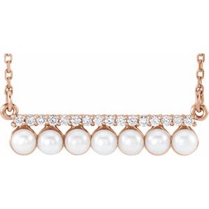 14K Rose Gold Cultured White Freshwater Pearl & 1/8 CTW Natural Diamond Bar 16-18" Necklace