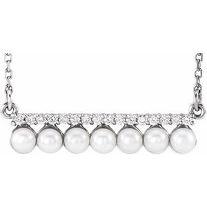 14K White Gold Cultured White Freshwater Pearl & 1/8 CTW Natural Diamond Bar 16-18" Necklace