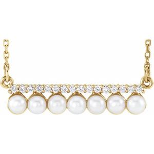 14K Yellow Gold Cultured White Freshwater Pearl & 1/8 CTW Natural Diamond Bar 16-18" Necklace