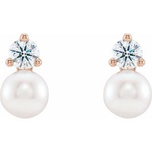 14K Rose Gold Cultured White Freshwater Pearl & 1/2 CTW Natural Diamond Earrings