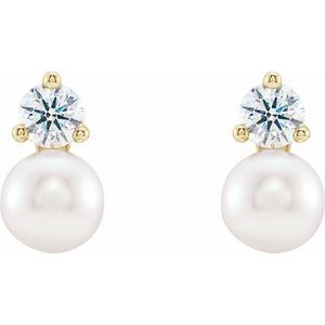 14K Yellow Gold Cultured White Freshwater Pearl & 1/2 CTW Natural Diamond Earrings