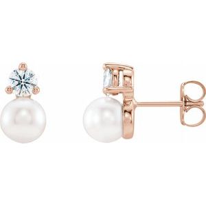 14K Rose Gold Cultured White Freshwater Pearl & 1/2 CTW Natural Diamond Earrings