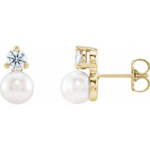 14K Yellow Gold Cultured White Freshwater Pearl & 1/8 CTW Natural Diamond Earrings