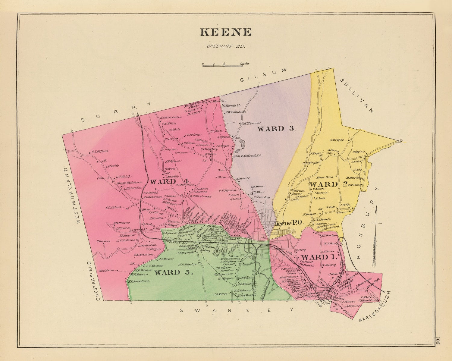 Vintage Map of Keene, New Hampshire 1892