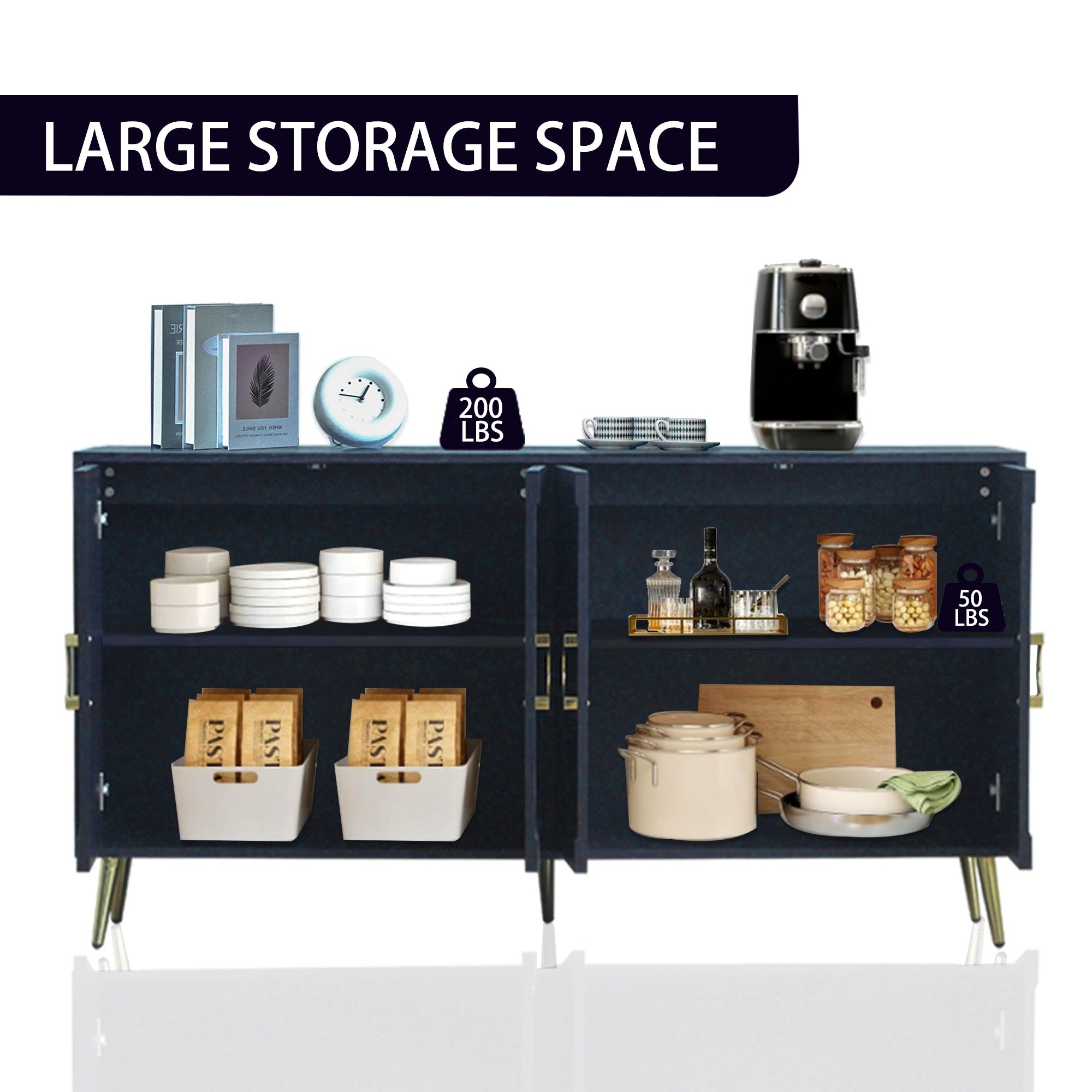 Modern Lacquered 4 Door Wooden Cabinet Sideboard Buffet Server Cabinet Storage Cabinet, for Living Room, Entryway, Hallway, Office, Kitchen and Dining Room, Navy Blue
