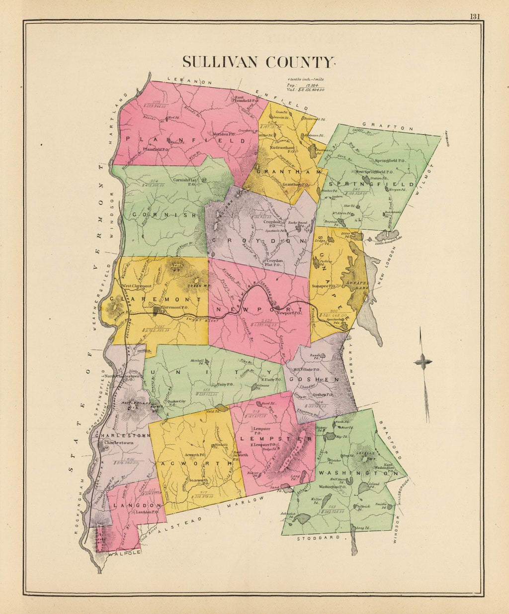 Vintage Map of Sullivan County, New Hampshire 1892