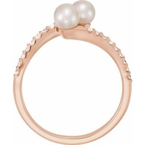 14K Rose Gold Cultured White Freshwater Pearl & 1/6 CTW Natural Diamond Bypass Ring