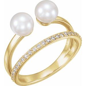 14K Yellow Gold Cultured White Freshwater Pearl & 1/4 CTW Natural Diamond Ring