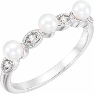 14K White Gold Cultured White Freshwater Pearl & .03 CTW Natural Diamond Stackable Ring
