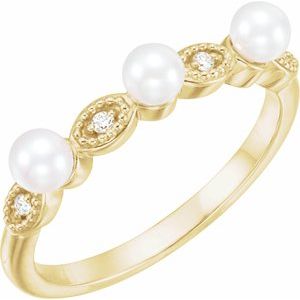 14K Yellow Gold Cultured White Freshwater Pearl & .03 CTW Natural Diamond Stackable Ring