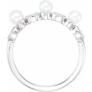 Platinum Cultured White Freshwater Pearl & .03 CTW  Natural Diamond Stackable Ring