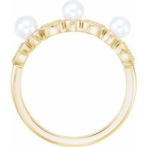 14K Yellow Gold Cultured White Freshwater Pearl & .03 CTW Natural Diamond Stackable Ring
