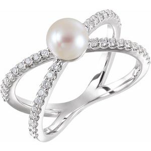 Platinum Cultured White Freshwater Pearl & 3/8 CTW Natural Diamond Ring