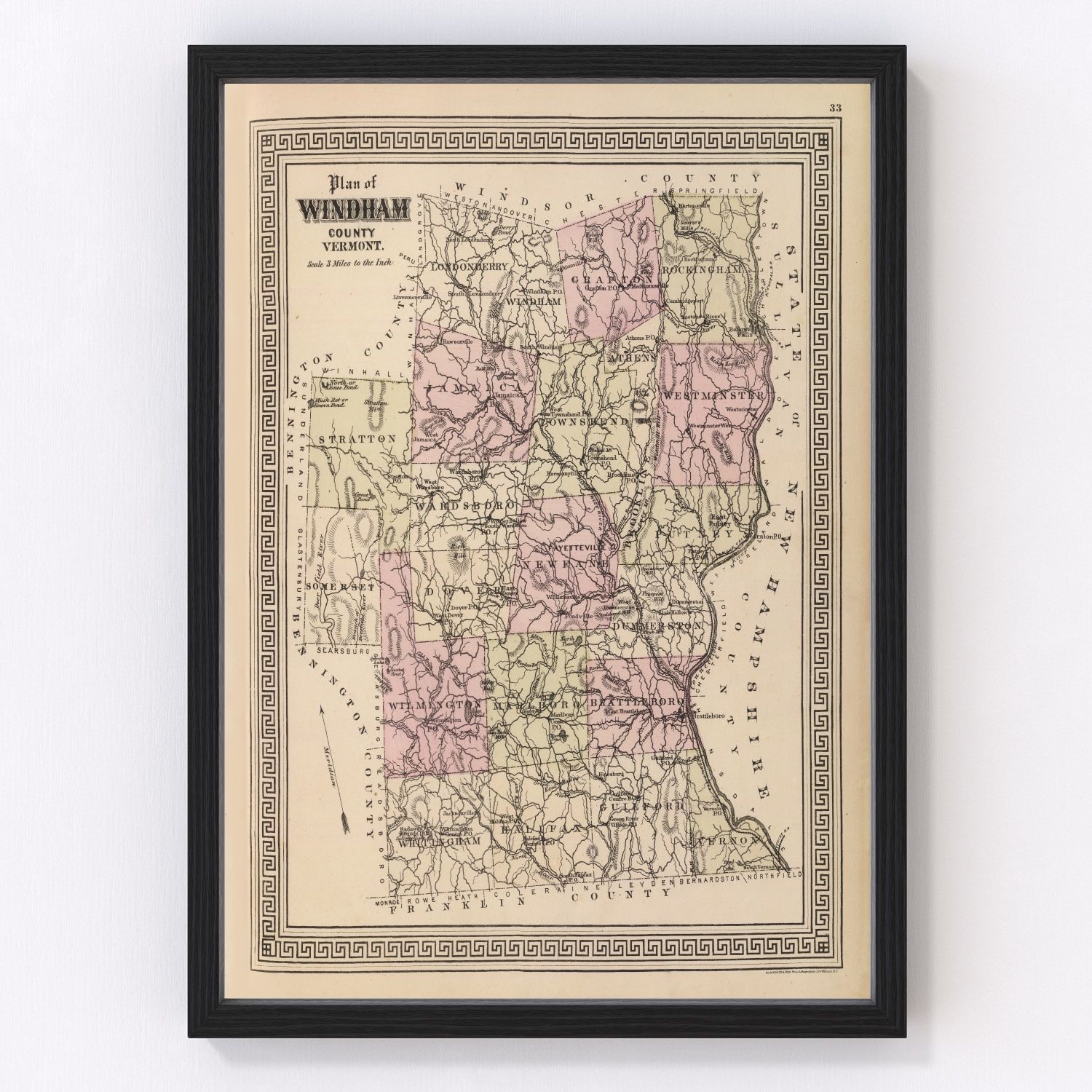 Vintage Map of Windham County, Vermont 1876