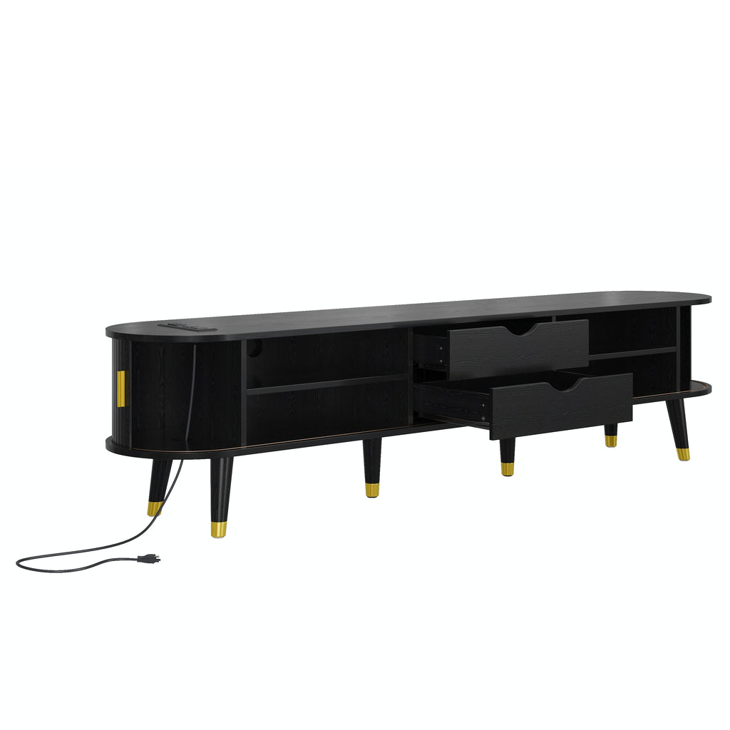 [Assembly Video]Wooden Oval Fluted TV Stand with Charging Station for TV up to 80', Mid-Century Media Console with Sliding Tambour Door, Farmhouse TV Cabinet with Golden Handle for Living Room, Black