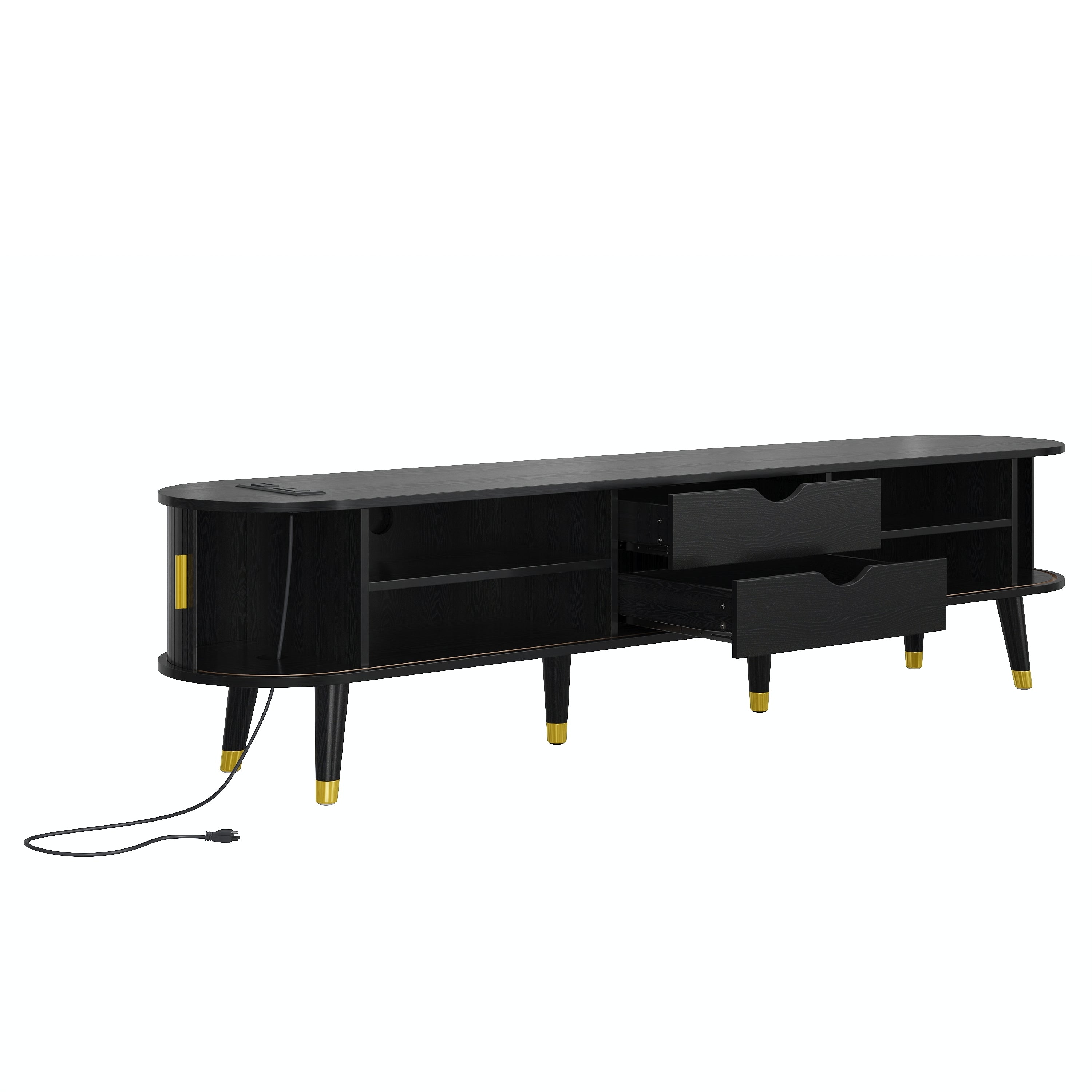 [Assembly Video]Wooden Oval Fluted TV Stand with Charging Station for TV up to 80', Mid-Century Media Console with Sliding Tambour Door, Farmhouse TV Cabinet with Golden Handle for Living Room, Black