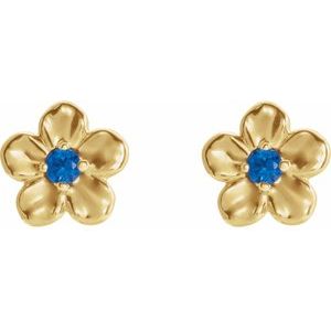 14K Yellow Gold Imitation Blue Sapphire September Birthstone Flower Earrings