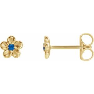 14K Yellow Gold Imitation Blue Sapphire September Birthstone Flower Earrings