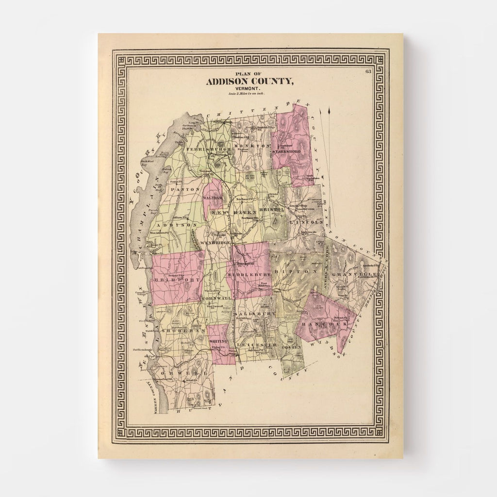 Vintage Map of Addison County, Vermont 1876