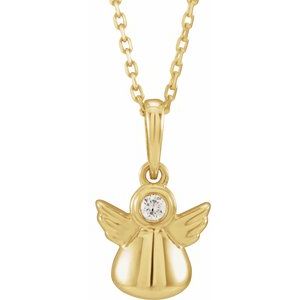 14K Yellow Gold .03 CT Natural Diamond Youth Angel 15" Necklace