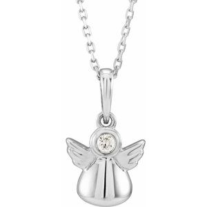 Platinum .03 CT Natural Diamond Youth Angel 15" Necklace