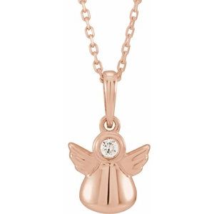 14K Rose Gold .03 CT Natural Diamond Youth Angel 15" Necklace