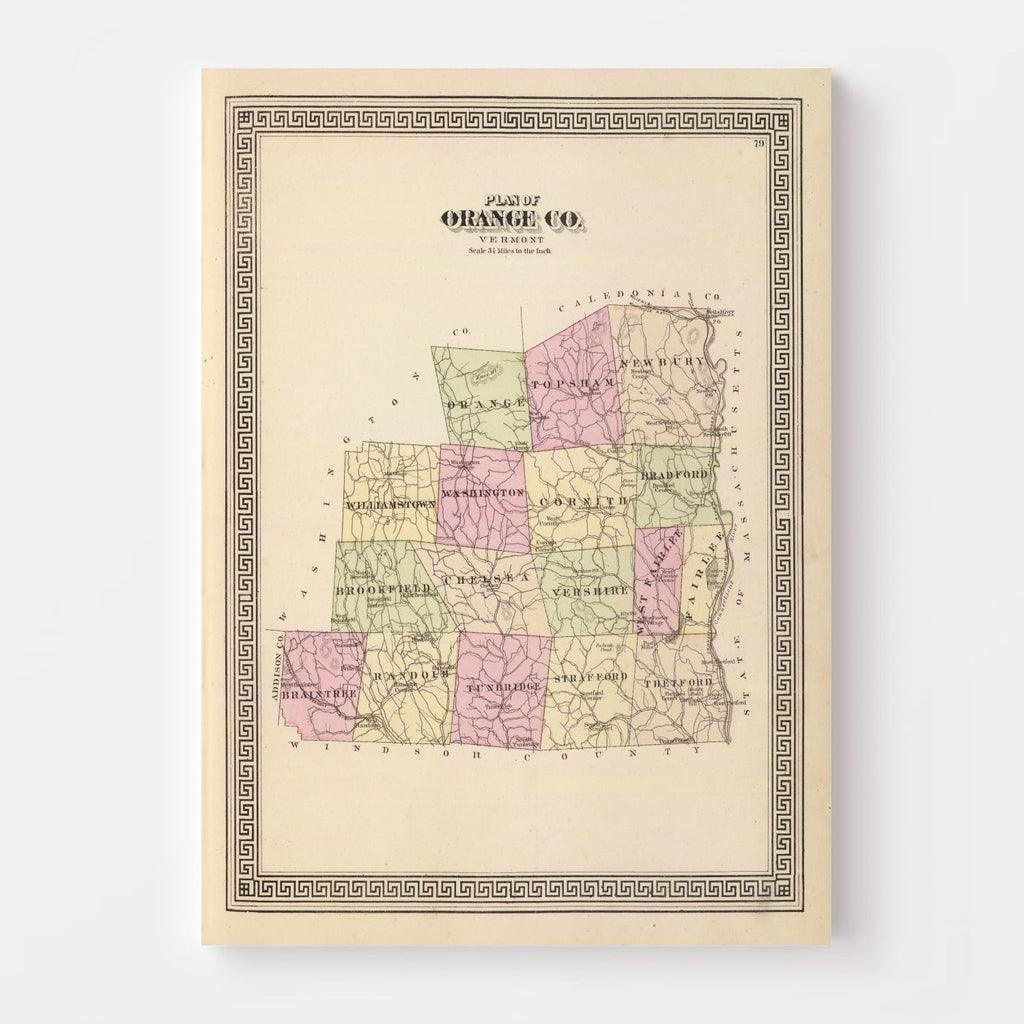 Vintage Map of Orange County, Vermont 1876