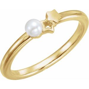 14K Yellow Gold Cultured White Freshwater Pearl Youth Double Star Ring