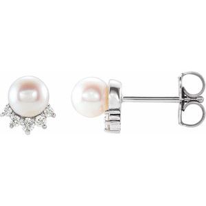 14K Rose Gold Cultured White Freshwater Cultured Pearl & .08 CTW Natural Diamond Earrings – image 3