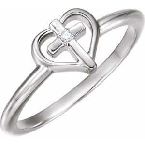 14K White Gold .01 CT Natural Diamond Cross & Heart Ring