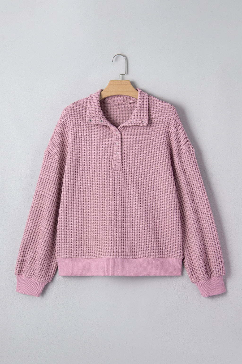 Solid Textured Knit Snap Button Collar Top