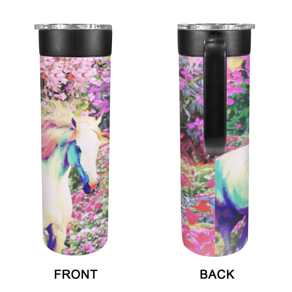 White Horse with Floral Background 20oz Insulated Water Bottle with Screw On Handle