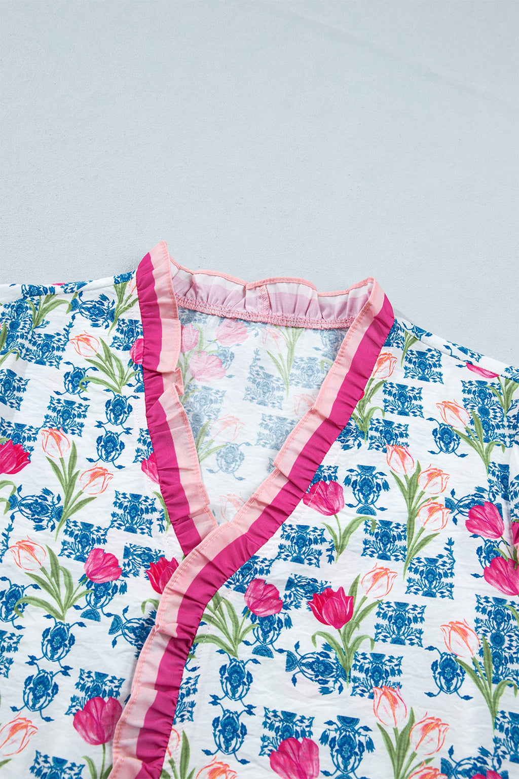 Floral Ruffle V-Neck Short Sleeve Tunic Shirt