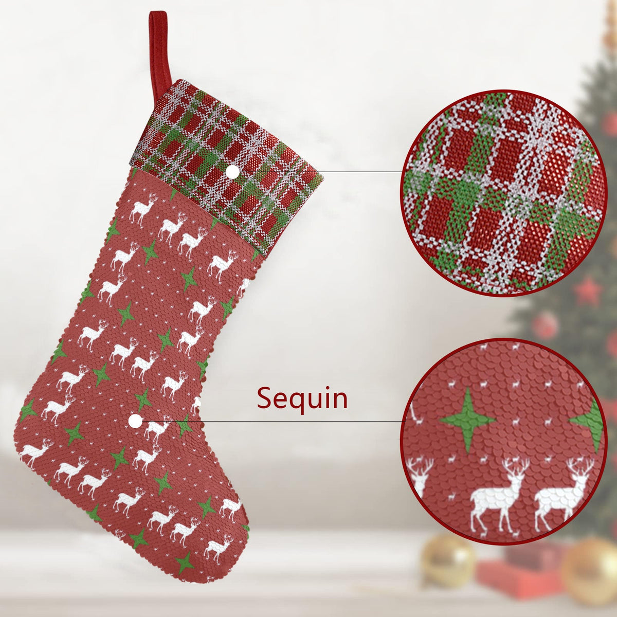 Red Christmas Deer Pattern Sequin Christmas Stocking (Made in USA)