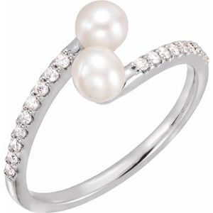 14K White Gold Cultured White Freshwater Pearl & 1/6 CTW Natural Diamond Bypass Ring